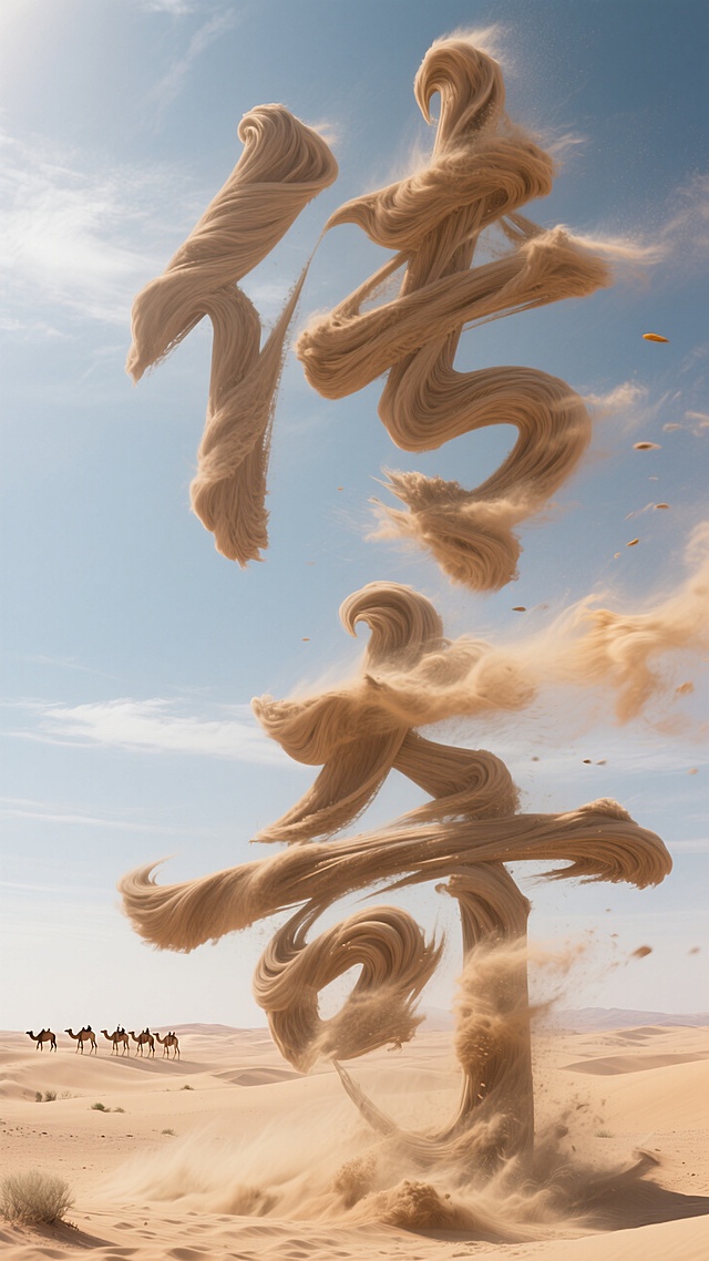 广袤的沙漠上呈现气势磅礴的"传奇"巨大的景观字，每个笔画由卷起翻滚的沙尘组成，美丽的天空，远处隐约有一支骆驼队伍