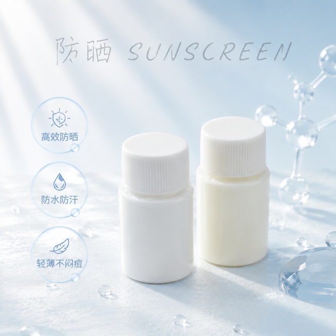 [单张主图] 瓶装防晒乳，高级氛围感主图，突出产品核心卖点，打造高点击淘宝主图
[画面主体] 双瓶防晒乳居中并列摆放，保持产品外观物理结构材质质感颜色与输入产品图绝对一致，杜绝任何变形色差，精细化处理预览效果