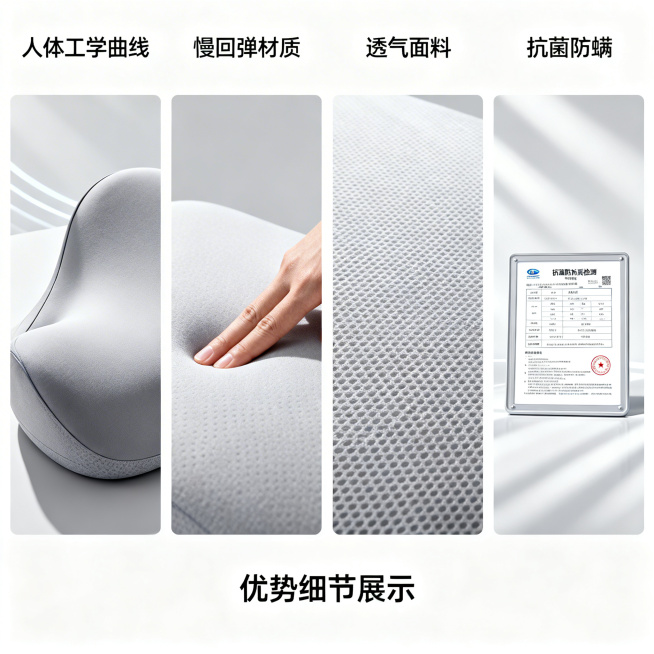 记忆枕优势细节展示组图，分四个板块：1.人体工学曲线贴合颈椎特写 2.慢回弹材质按压演示 3.透气面料纹理细节 4.抗菌防螨材质检测标识，整体风格统一为简约科技风预览效果