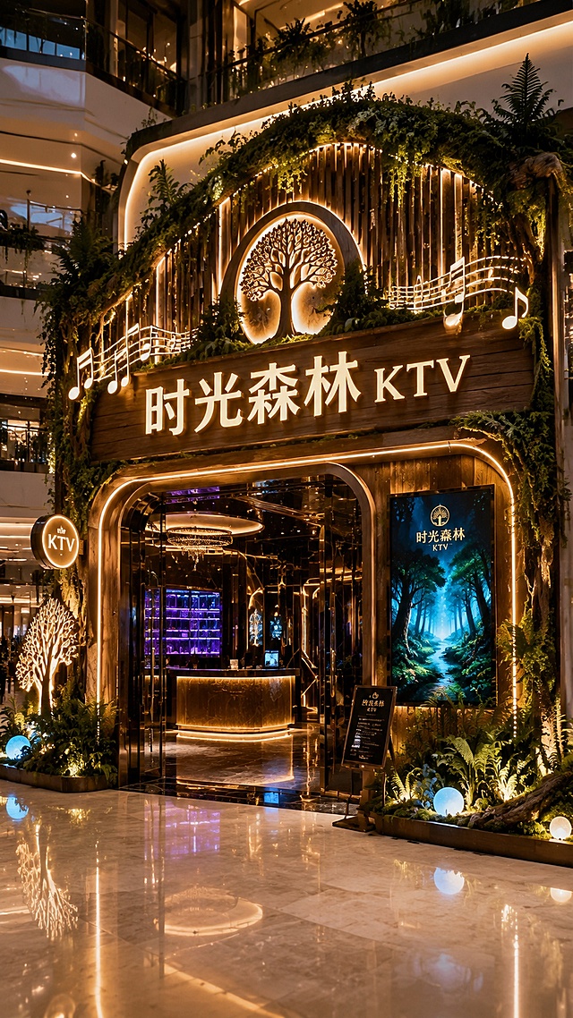 商场内时光森林KTV门头效果图，森林主题，结合KTV娱乐属性，发光木质招牌搭配绿植和氛围灯带，现代轻奢风格，放置在商场中庭位置，灯光绚丽，高清写实效果图