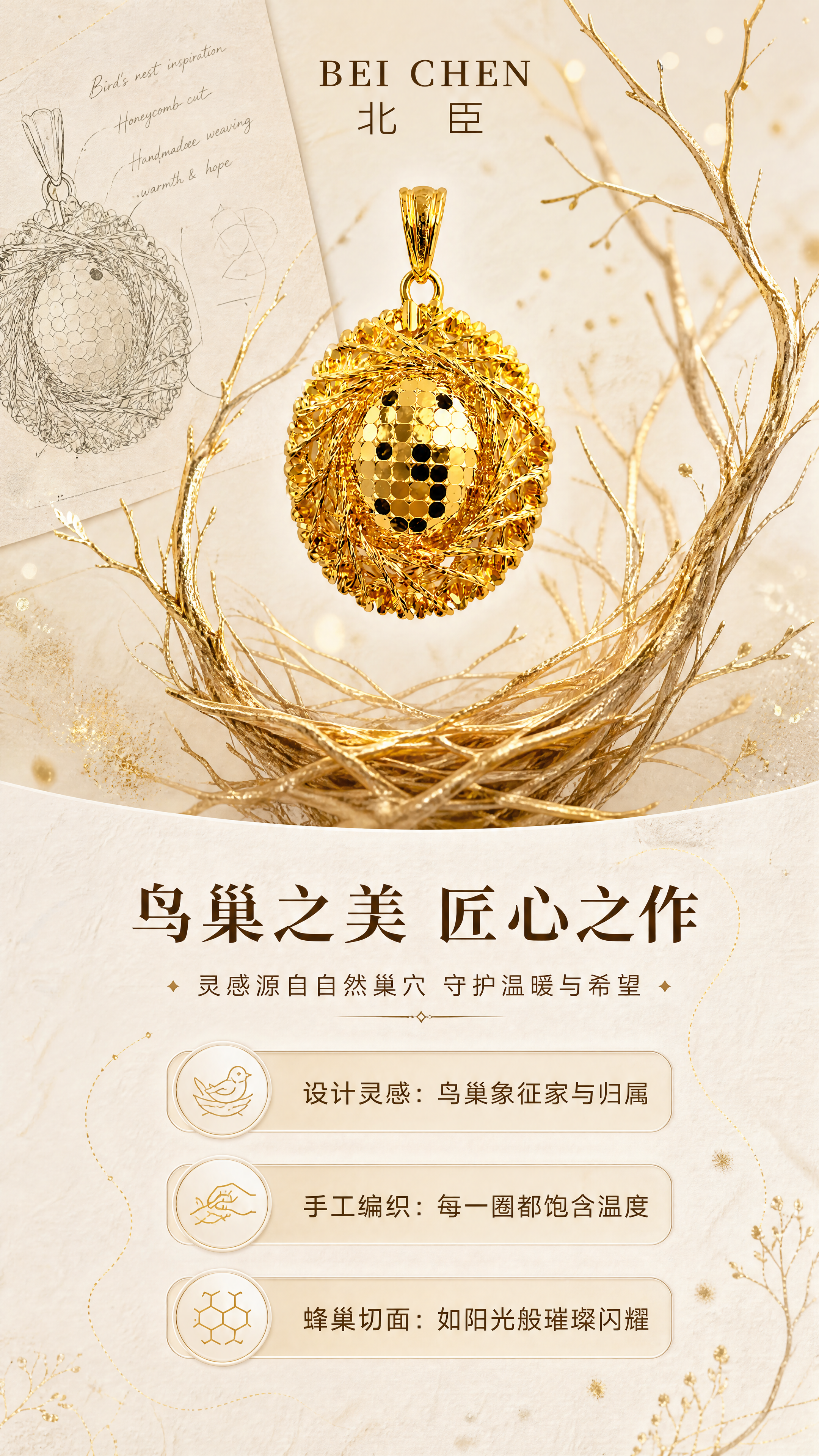 [商品] 使用【图1】北臣鸟巢黄金吊坠；保留鸟巢编织造型、蜂巢… - 图片创意预览