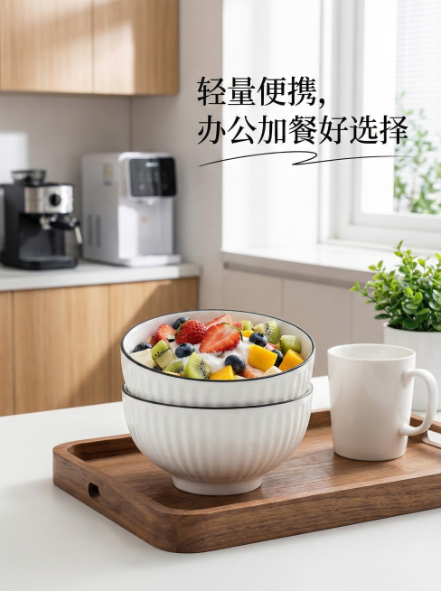 这是一张有1个陶瓷碗的图片，碗的风格为山田竖纹，碗口直径为4.5英寸。请根据我的图片，帮我绘3张不同角度的场景图。每张场景图必须包含2个这样的碗，图片的比例为3:4，场景图将这2只碗与不同的日常生活场预览效果