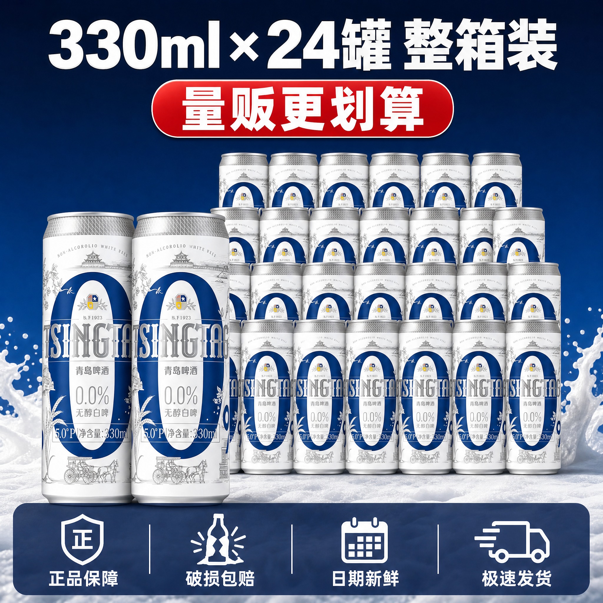 [主图-5] 青岛啤酒0.0%无醇白啤规格与服务图，整箱展示+… - 图片创意预览