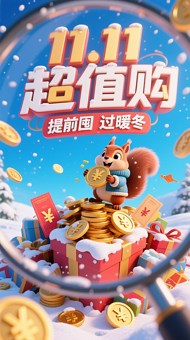 3D卡通风格。透过前景模糊的放大镜的POV视角+鱼眼构图，一个穿着冬装的迷你松鼠在一大堆凌乱堆叠的礼盒、购物券、金币（上面“￥”符号）顶部，以夸张且享受的的表情吃着一个硕大的大金币，冬雪覆盖在仓鼠和礼盒身上，背后巨大的带有设计感的艺术字主副标题组合设计"11.11超值购"+“提前囤 过暖冬”，蓝色背景，极端的俯视角度构图