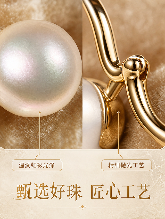 [商品] 使用【图1】【图2】双珠珍珠耳环（金色耳扣款）；保留双珠结构、金色耳扣、珍珠圆润形态；微距增强珍珠皮光和金属工艺细节。
[画面] 第3张-细节质感，目标：珍珠皮光与金属工艺微距展示。微距质感型构图，画面左侧是大珍珠的超微距特写，珍珠表面细腻光滑，呈现温润的虹彩光泽（粉绿光晕），可以看到珍珠层的细腻纹理但无瑕疵；画面右侧是金属耳扣与珍珠连接部位的工艺特写，焊点光滑无毛刺，金属表面有细腻的抛光纹理；背景为深香槟色丝绒布，丝绒纹理虚化衬托主体，采用左右分栏构图，两侧各有一个微距焦点。
[视觉] 套系策略：风格=精致轻奢商业珠宝摄影；标题字=纤细优雅衬线体；正文字=简洁无衬线体；主色=奶油香槟色；背景延展=基于奶油香槟做深浅渐变、洞石纹理、丝绒质感；强调色=暖金色，仅用于小面积图标、引线和装饰线；标题色=深金色；正文色=暖棕色；组件=圆角浅底信息卡、细金线引线；光影=环形柔光布光，珍珠表面柔和高光带，金属清晰反光边缘。
[文字] 画面底部居中，主标题"甄选好珠 匠心工艺"，下方左右各一个小标签"温润虹彩光泽""精细抛光工艺"，用细金线连接到对应的微距区域。
[规格] 图片比例3:4竖版，2K分辨率，避免珍珠划痕灰尘、塑料感、金属毛刺、变形、错字、模糊、水印、冷蓝灰色调。