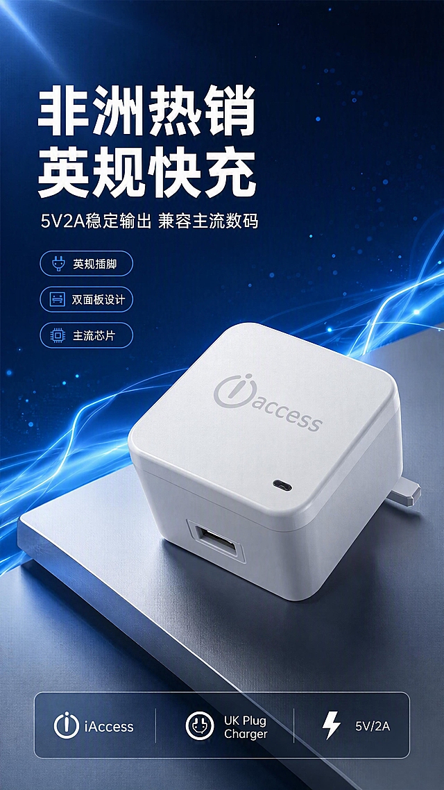 [第1张] 详情页头图主视觉 — iAccess 英规 5V2A USB 充电器非洲热销款产品全貌海报。本张使用【图1】作为商品主体，保持白色方形外观、圆角设计、顶部iAccess电源logo、侧面USB接口的结构与颜色完全一致。
[氛围/风格] 科技理性风，深蓝渐变背景+微光粒子，商业摄影质感，高级简洁有力量感。
[元素布局] 充电器产品置于画面中右区域，45°斜俯视角度，占比约55%；左侧留大面积标题区；背景为深蓝色渐变科技空间，底部有浅灰色几何台面，点缀发光数据线、电流光线粒子；产品下方投射柔和阴影，突出立体感。
[光影质感] 左上方主光源打亮产品正面与顶面，右侧辅光勾勒边缘轮廓，底部环境光提亮暗部，整体明暗层次分明，产品表面有细腻高光。
[配色色系] 全局底色 #0F2A4A（深蓝）；主色白色产品；辅助色 #3B82F6（亮蓝）、浅灰台面；点缀色青蓝色光效。
[视角构图] 45°斜俯视，产品为视觉重心，阅读动线左上标题 → 中部产品 → 底部信息条。
[文字版式] 左上大标题区：主标题「非洲热销 英规快充」，副标题「5V2A稳定输出 兼容主流数码」，两行粗黑体左对齐；标题下方3个卖点胶囊：「英规插脚」「双面板设计」「主流芯片」；底部信息条：「iAccess · UK Plug Charger · 5V/2A」。文字不遮挡产品主体。
[比例分辨率] 9:16 竖版比例，4K分辨率，文字清晰可辨，高清画质。
[负向提示词] 产品变形，结构错误，颜色偏差，缺件错件，水印，文字错乱，文字过小，背景杂乱，产品模糊。