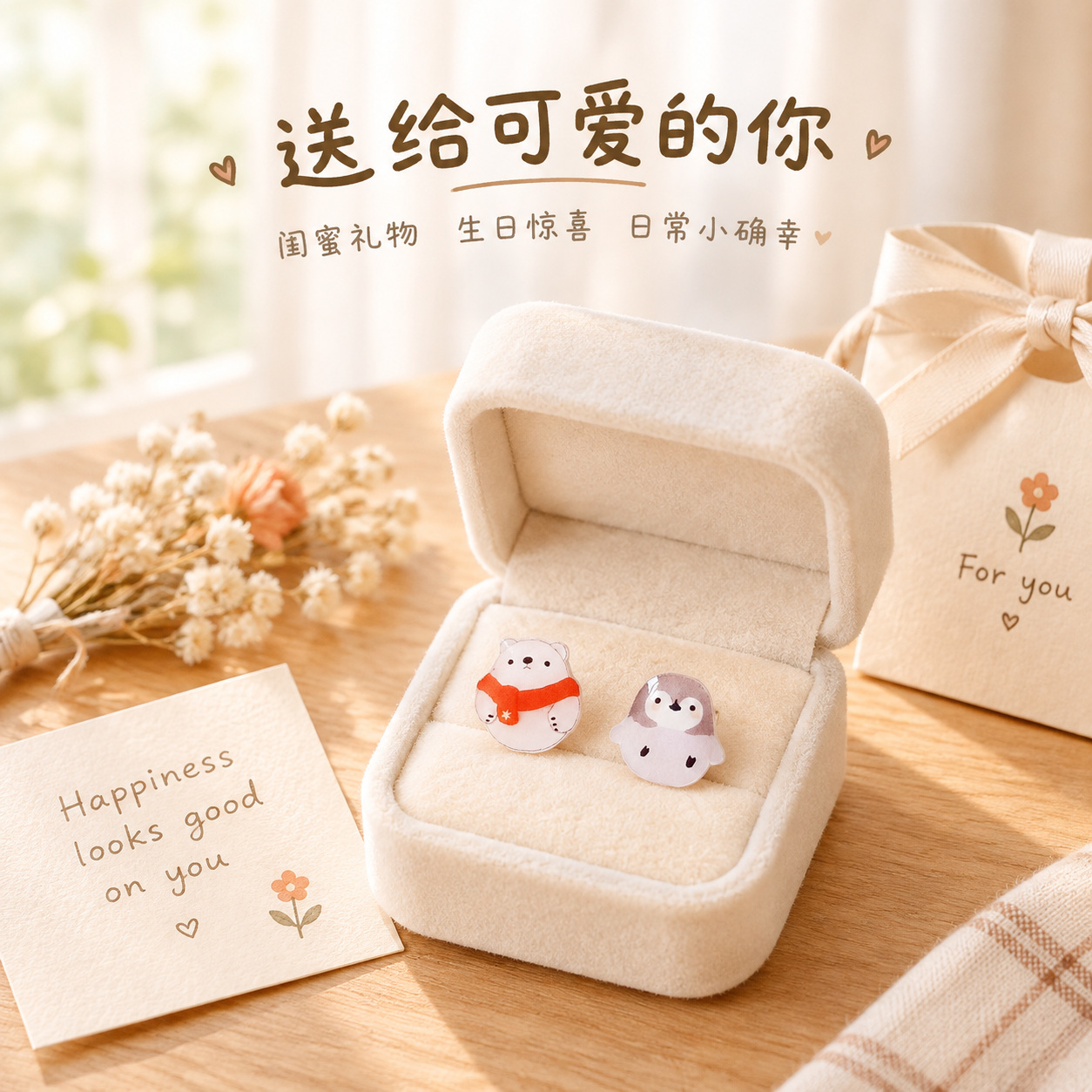 [主图-5] 礼赠与场景展示，突出耳钉作为礼物的治愈感和多场景… - 图片创意预览