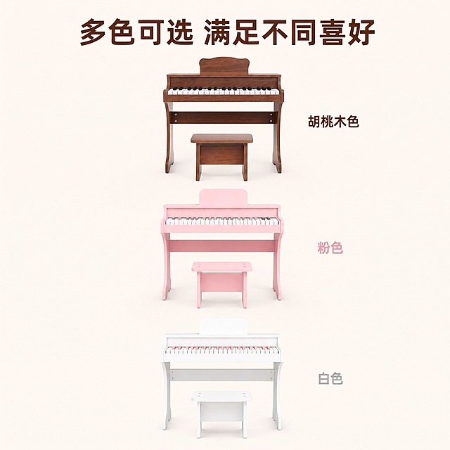 除了胡桃色款，其他两款琴键上突出的黑色部分，都改成浅粉色的