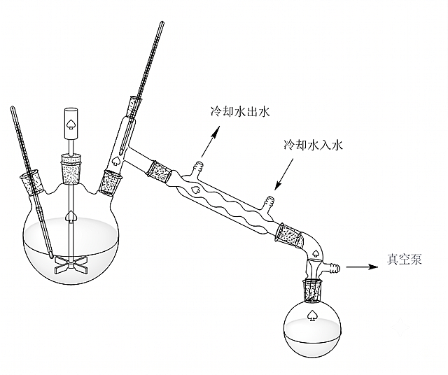 在原图基础上修改：在三孔烧瓶的中间孔洞中插入一个带桨叶的搅拌器，桨叶深入到烧瓶内液面以下，保持原图的黑白线稿风格、标注文字和所有实验装置不变，整体绘画风格和原图一致