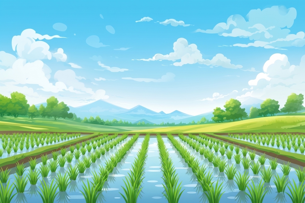 参考图片整体背景蓝天白云、远山树林和起伏绿地不变，将图片前景区域的草坪和野花修改为整齐的水稻秧苗田，保持卡通插画风格预览效果