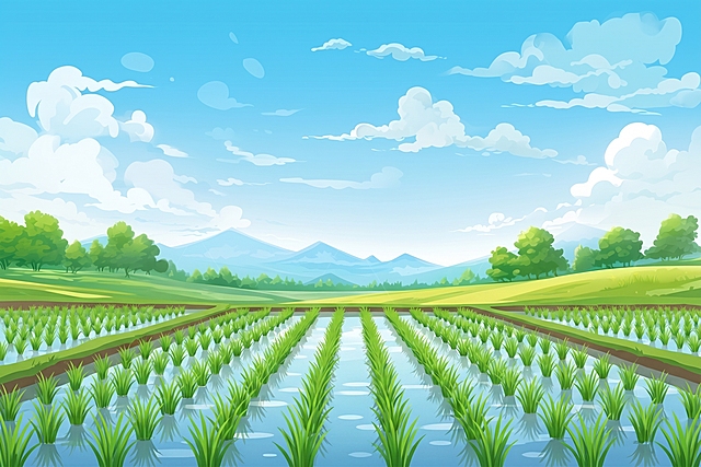 参考图片整体背景蓝天白云、远山树林和起伏绿地不变，将图片前景区域的草坪和野花修改为整齐的水稻秧苗田，保持卡通插画风格