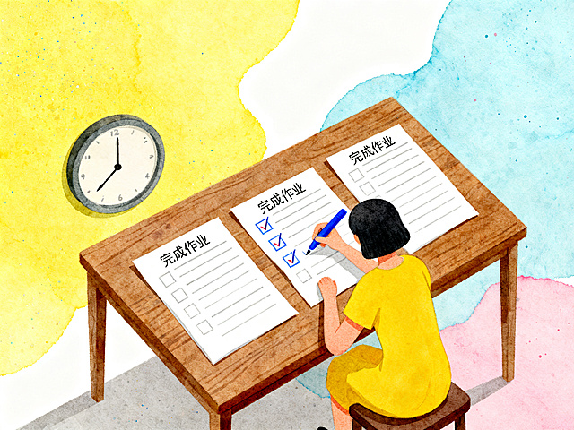 清新绘本风格，一个小人面前有三个待办事项的清单，小人正在给事项画勾勾，旁边有一个时钟但指针很慢，代表专注当下，简洁线条画风