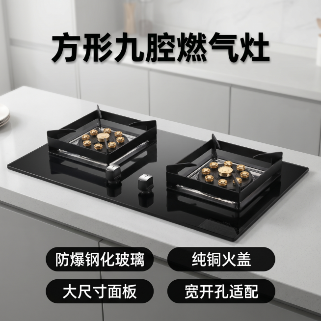 [主图 1] 方形九腔燃气灶家用厨房场景首图。[氛围风格] 现代简约家用厨房风格，直白性价比氛围感；[画质] 商业摄影质感、光线柔和通透、产品清晰真实、画面干净高级。[元素] 方形黑色钢化玻璃九腔燃气预览效果