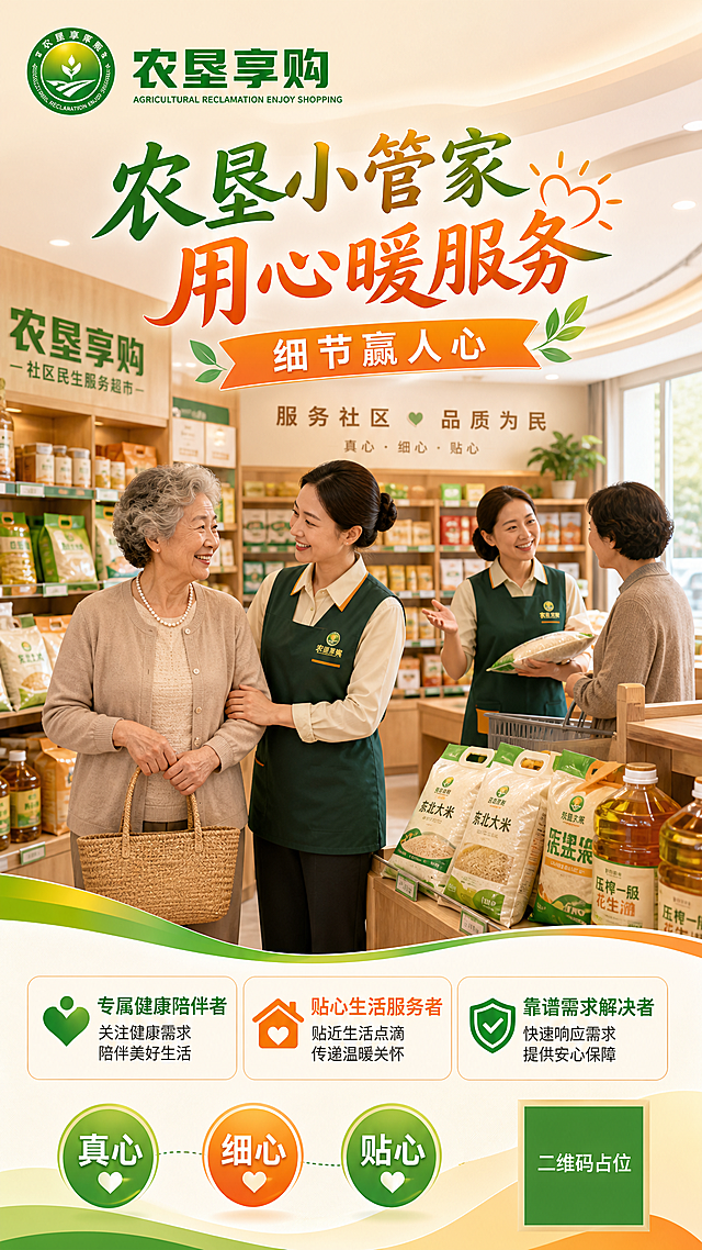 品牌主视觉海报，写实商业摄影风格，温暖治愈的国企社区民生服务质感。画面左上角放置「农垦享购」绿色logo：圆形徽章（绿金渐变图案，外圈环绕白色文字'农垦享购农科特产营养滋补品团购超市'和英文'AGRICULTURAL RECLAMATION ENJOY SHOPPING'）+ 右侧绿色粗体'农垦享购'四个大字 + 下方英文小字'AGRICULTURAL RECLAMATION ENJOY SHOPPING'，logo清晰完整，大小适中。画面主体：明亮整洁的农垦享购社区门店内景，温暖的原木色与白色调，货架上整齐摆放着粮油米面等民生商品，一位亲切的工作人员（30-40岁女性，穿着整洁的农垦制服，面带温暖微笑）正贴心搀扶一位中老年顾客（60岁左右，和蔼可亲），主动问好，旁边还有一位工作人员在耐心解答顾客疑问，整体氛围温馨和谐，凸显社区邻里般的亲切感。画面上方大标题主视觉区，主标题文字为"农垦小管家 用心暖服务"，副标题为"细节赢人心"。画面中部偏下位置有三个服务定位短句标签："专属健康陪伴者"、"贴心生活服务者"、"靠谱需求解决者"。底部有"真心·细心·贴心"三个关键词标签。配色以温暖的橙黄色、农垦绿、米白色为主，色调柔和温暖。版式精美，层级分明，顶部主标题区，中部人物场景主视觉，底部信息标签区，四周留有安全边距。柔和自然光从侧前方照入，光影柔和，人物面部清晰，质感细腻高级。画面中所有二维码区域使用纯色方块占位符呈现，方块中央标注"二维码占位"文字，严禁生成任何可识别的二维码图案。画面中所有信息区域必须填充完整合理的内容，不得出现空白框、空白占位、横线待填写区域、空列表项、空单元格。画面中必须完整呈现以下文字信息："农垦小管家"、"用心暖服务"、"细节赢人心"、"专属健康陪伴者"、"贴心生活服务者"、"靠谱需求解决者"、"真心"、"细心"、"贴心"。画面中所有文字必须精确渲染，不得出现错位、遗漏或编造的文字。