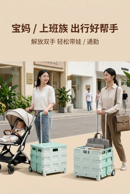 严格还原参考图中薄荷绿+白色折叠购物车设计、包装细节、配色、LOGO位置，精准复刻所有细节无偏差。主标题为"宝妈 / 上班族 出行好帮手"，位于画面上1/3居中，字体为简约无衬线体，颜色为深咖色；副标预览效果