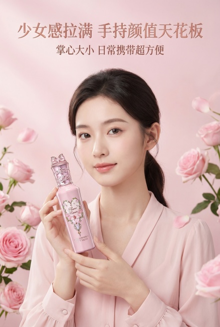 严格还原图中产品的所有细节，1:1还原产品比例，无AI偏色、失真、变形，不修改、不增减任何设计。高端美妆杂志风，东亚20-28岁年轻女性，身形纤细匀称，气质甜美温柔精致灵动，清透精致伪素颜底妆，温柔低预览效果