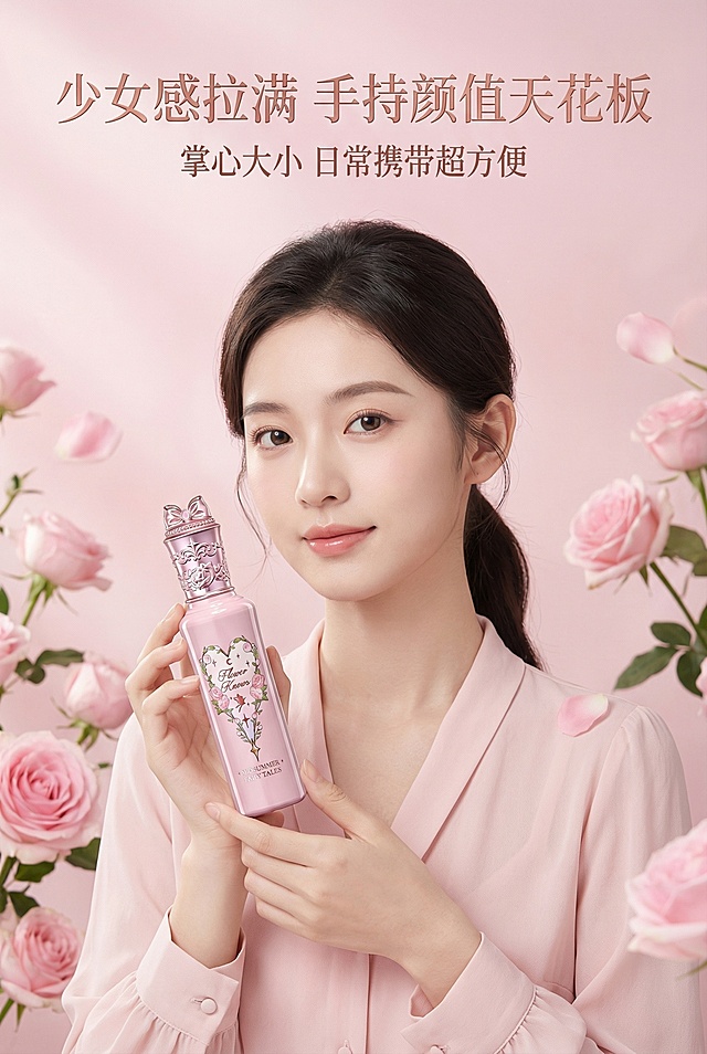 严格还原图中产品的所有细节，1:1还原产品比例，无AI偏色、失真、变形，不修改、不增减任何设计。高端美妆杂志风，东亚20-28岁年轻女性，身形纤细匀称，气质甜美温柔精致灵动，清透精致伪素颜底妆，温柔低马尾发型，妆容自然发型整洁，不遮挡产品。模特自然手持产品于胸前，45°斜侧视角，突出产品瓶身造型、蝴蝶结瓶盖、心形图案，展示产品握持感与实际大小。背景为柔粉色梦幻童话风，搭配少量新鲜玫瑰装饰，氛围温柔浪漫。画面上方居中添加主标题“少女感拉满 手持颜值天花板”，下方居中添加副标题“掌心大小 日常携带超方便”，主标题花体手写字体，副标题复古衬线字体，玫瑰金字体，不遮挡产品与模特核心细节。杂志式人像构图，模特与产品占据画面主体，留白舒适，自然柔和室内柔光，突出产品质感与模特气质，8K超高清，焦点清晰，画面氛围甜美高级，适配电商详情页模特展示需求