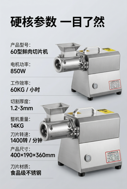 第7屏产品核心参数详情屏，比例2:3，高级商用厨电写实风格，整体色调与前屏保持统一，8K超清画质，均匀柔和布光。画面主体为60型鲜肉切片机45°全景展示，严格还原参考产品图，包括机身设计、金属拉丝质感预览效果