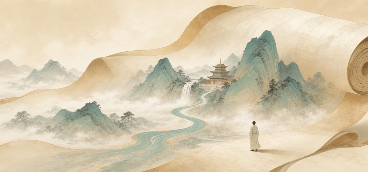 参考图的新中式国潮风格，卷轴展开的山水画卷，青绿色水墨山水，山… - 图片创意预览