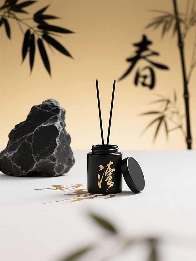 特写黑色外壳罐装香薰立在金色草书书法上，黑色圆盖斜靠香薰，后方黑色太湖石点缀，竹叶剪影，草书剪影，远景，前景模糊，金色渐变背景