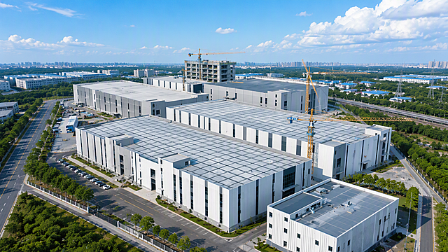 聚焦画面中心的现代化厂房建筑群，裁剪掉周围过多的荒地、枯树和杂乱的周边环境，让主体建筑占据画面主要位置。调整整体色调为明亮清新的现代工业风格，去除灰蒙蒙的老旧雾霾感，天空改为晴朗的蓝天，增加画面通透感和层次感。建筑外观更整洁现代，整体画面大气、有质感，色彩鲜明通透，呈现现代化工业园区的视觉效果。