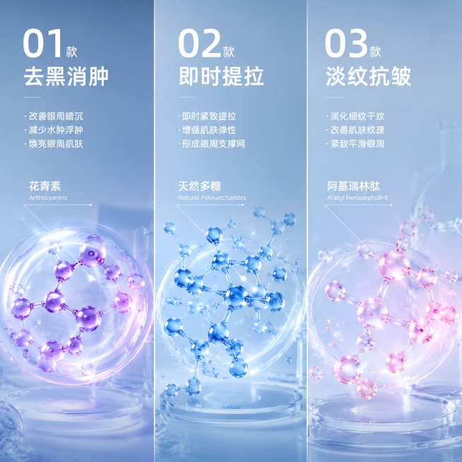 [主图-2] 蒂安纳眼霜三款针对性功效成分解析图。氛围风格为专业科研感 简约科技风，画质是超写实商业渲染，精细清晰，质感高级。画面分为三栏纵向排版，每栏对应一款功效：第一栏O1款去黑消肿，搭配3D花青预览效果