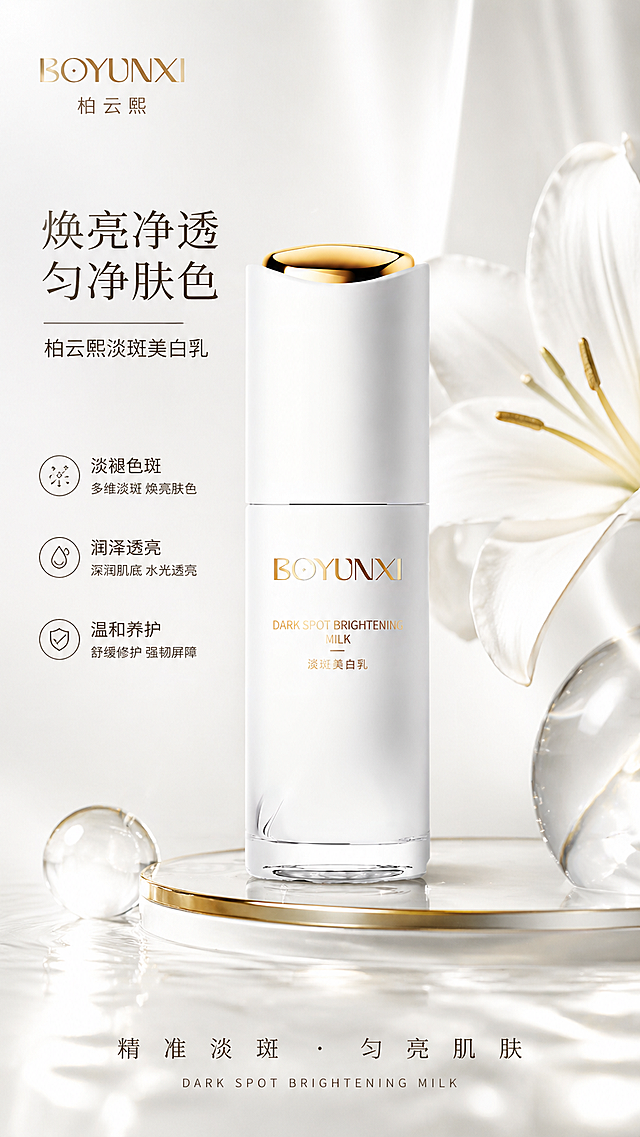 柏云熙新品淡斑美白乳产品宣传海报，简约高端护肤风格，突出产品本身，不要体现百分比数值，整体精致高级