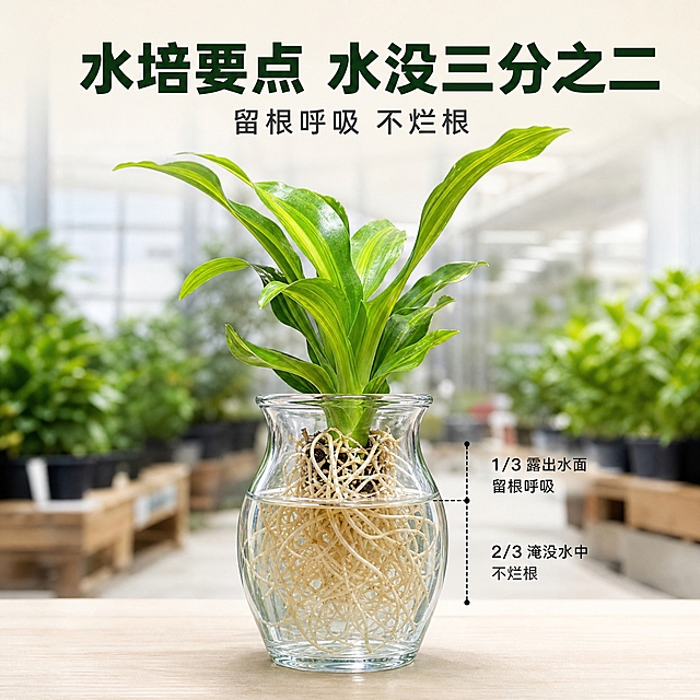 [主图-5] 水培水位要点，核心任务是明确展示水培时水位淹没根系三分之二的正确位置，传递养护要点。
[统一基调] 拼多多绿植主图风格，真实苗圃温室背景，浅米白+自然绿为主色，标题用深墨绿粗体无衬线大字，辅助文字用深灰色小号无衬线字，整体干净写实、不花哨，35mm镜头 f/4.0 自然景深，商业苗圃摄影质感。
[画面] 画面中央是一只简约透明玻璃花瓶，瓶内装着清澈的水，水位精确地淹没金心也门铁白色根系的约三分之二高度，最上方三分之一的根系露出水面呼吸。植株的金心绿边叶片完整露出水面以上，健康挺拔。玻璃花瓶侧面可以清晰看到水面线与根系的层次关系，水中根系舒展自然。花瓶放在浅色台面上，背景是明亮柔和的温室虚化环境。主体占画面约60%，居中放置。
[光影质感] 柔和自然光，玻璃有真实反光，水面有清晰水平线，水中根系有轻微折射与通透感，叶片光泽自然。
[配色] 主色深墨绿+透明清透感，辅色浅蓝白+木色台面，背景浅米色。
[文字版式] 画面上方居中主标题大字「水培要点 水没三分之二」，深墨绿粗体无衬线。标题下方一行小字「留根呼吸 不烂根」，深灰色。文字放在上方负空间，不遮挡植株与水位线。
[输出要求] 1:1正方形，2K高清，水位线清晰可见，比例准确。禁止出现彩色花盆、装饰、夸张滤镜、错字、模糊、水印、平台Logo。