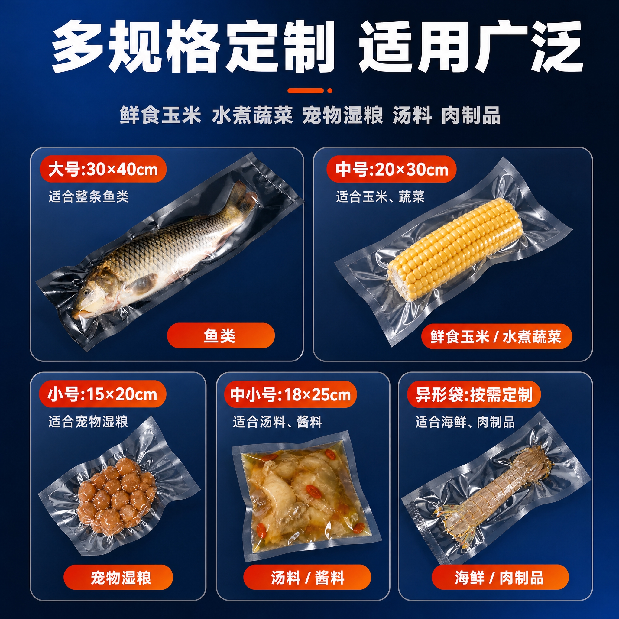 [主图-5] 主题：多规格多尺寸 适用多种食品 场景展示。唯一… - 图片创意预览