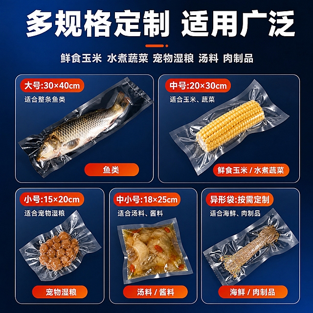 [主图-5] 主题：多规格多尺寸 适用多种食品 场景展示。唯一任务：展示袋子多种规格尺寸，适用于鲜食玉米、水煮蔬菜、宠物湿粮、汤料、鱼类、肉制品等多种食品。
[统一基调] 淘宝/天猫专业品质风格，深蓝渐变主背景配亮橙红强调色，白色主标题字，浅灰辅助字，粗黑无衬线字体，大号粗标题+中号副标题+小号说明字三级字号，圆角信息卡片，简洁现代商业摄影质感。
[画面] 画面采用宫格布局，展示不同尺寸规格的真空袋封装不同食品的效果：长条袋封装整条鱼、中号袋封装玉米段、小号袋封装宠物湿粮、方形袋封装汤料、异形袋封装海鲜。共5-6个不同规格应用展示，整齐排列。产品外观与输入图一致。背景深蓝渐变。
[光影质感] 商业摄影均匀柔光，每个宫格内产品清晰，食物色泽鲜亮，整体光影统一。
[配色] 深蓝背景，白色标题，各宫格内食品自然色彩丰富，整体鲜亮协调。
[文字版式] 画面顶部大字主标题"多规格定制 适用广泛"，下方副标题"鲜食玉米 水煮蔬菜 宠物湿粮 汤料 肉制品"，每个宫格下方标注对应食品名称。文字横排。
[输出要求] 1:1正方形比例，2K高清，文字清晰，宫格排列整齐。禁止产品变形，禁止改变直径，禁止改变形状，禁止改变透视角度，禁止重新绘制产品，禁止新增产品，禁止减少产品，禁止改变产品颜色。禁止错字、模糊、杂乱、水印、平台Logo。