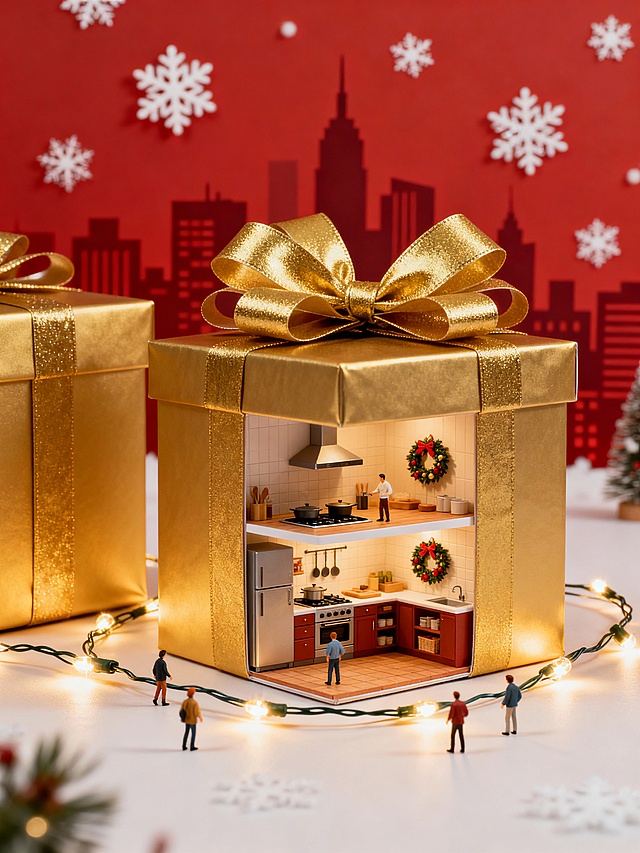微缩艺术风圣诞礼盒，鎏金包裹中藏匿温馨厨房，重拟物设计融合金属质感，暖光环绕，喜庆与趣味交织，传递节日温情。