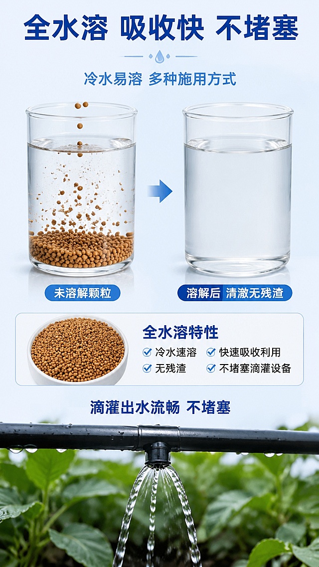[第4屏] 全水溶特性展示-通用复合肥溶解测试演示。本屏使用【图3】颗粒作为展示主体。
[氛围/风格] 实验演示风，真实直观，清澈干净，突出易溶解不堵塞特性。
[元素布局] 顶部主标题，中部展示透明玻璃杯装冷水，投入复合肥颗粒，画面右侧展示溶解后的清澈溶液，下方展示滴灌管出水口出水流畅，颗粒外观与输入图一致；元素布局从上到下，分区明确，各部分不互相遮挡。
[光影质感] 明亮室内光，玻璃杯通透，溶解效果清晰可见，光影层次自然。
[配色色系] 全局底色 #F0F8FF；主色深蓝标题，浅蓝背景；辅助色透明玻璃杯本色。
[视角构图] 正面平视拍摄，实验场景居中展示，视觉焦点在溶解效果。
[文字版式] 顶部主标题「全水溶 吸收快 不堵塞」，副标题「冷水易溶 多种施用方式」，分区域标注「未溶解颗粒」「溶解后清澈无残渣」，文字清晰不遮挡实验主体，核心卖点加粗高亮。
[比例分辨率] 9:16 竖版比例，4K 分辨率，文字清晰可辨，高清画质。
[负向提示词] 溶液浑浊，颗粒变形，滴灌管堵塞，文字错乱，水印，背景杂乱