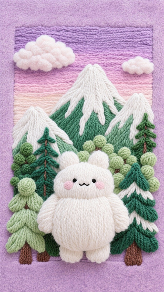 连绵的雪山森林化作了可拥抱的超大号蓬松玩偶。山体是柔软的莫代尔绒，松树是绿色的毛线球簇，云朵是蓬松的棉花糖。天空是粉紫渐变的梦幻色调，整体风格如同吉卜力工作室的动画场景，宁静、辽阔，充满天真无邪的想象力。