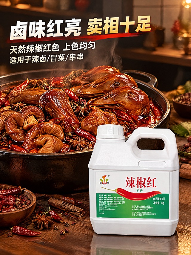 严格保留参考图中的辣椒红产品外观（白色带提手方瓶、白色标签+绿色底部、红色“辣椒红”大字、红辣椒图案、“韵柯Yun Ke”品牌logo、1kg净含量等所有细节完全一致），将产品放置在画面右下角。背景是辣卤场景，一锅色泽红亮诱人的辣卤，卤汁红油鲜亮，里面有卤鸭脖、卤鸭头、卤肥肠等，颜色红润有光泽，香料辣椒铺满，暖调商用厨房风格，无人物。左上角文字排版：大标题大字“卤味红亮 卖相十足”，小标题分两行“天然辣椒红色 上色均匀”“适用于辣卤/冒菜/串串”，文字排版有设计感，与卤味场景融合，去AI化，高清真实美食摄影质感