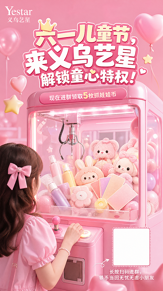 粉色高清六一儿童节朋友圈海报，主题为“六一儿童节，来义乌艺星解锁童心特权！”，小字文字“现在进群领取5枚抓娃娃币”，左上角有白色Yestar义乌艺星水印，图片整体为粉色调，画面中有粉色抓娃娃机和正在操作娃娃机的人物，娃娃机里面放置着防晒喷雾、玩偶公仔、体验券，这些礼品不要带文字，尽量减少图片中的文字，右下角预留放置二维码的位置，二维码旁边配文字“长按扫码进群，领币当回无忧无虑小朋友”，海报高清，适合朋友圈发布