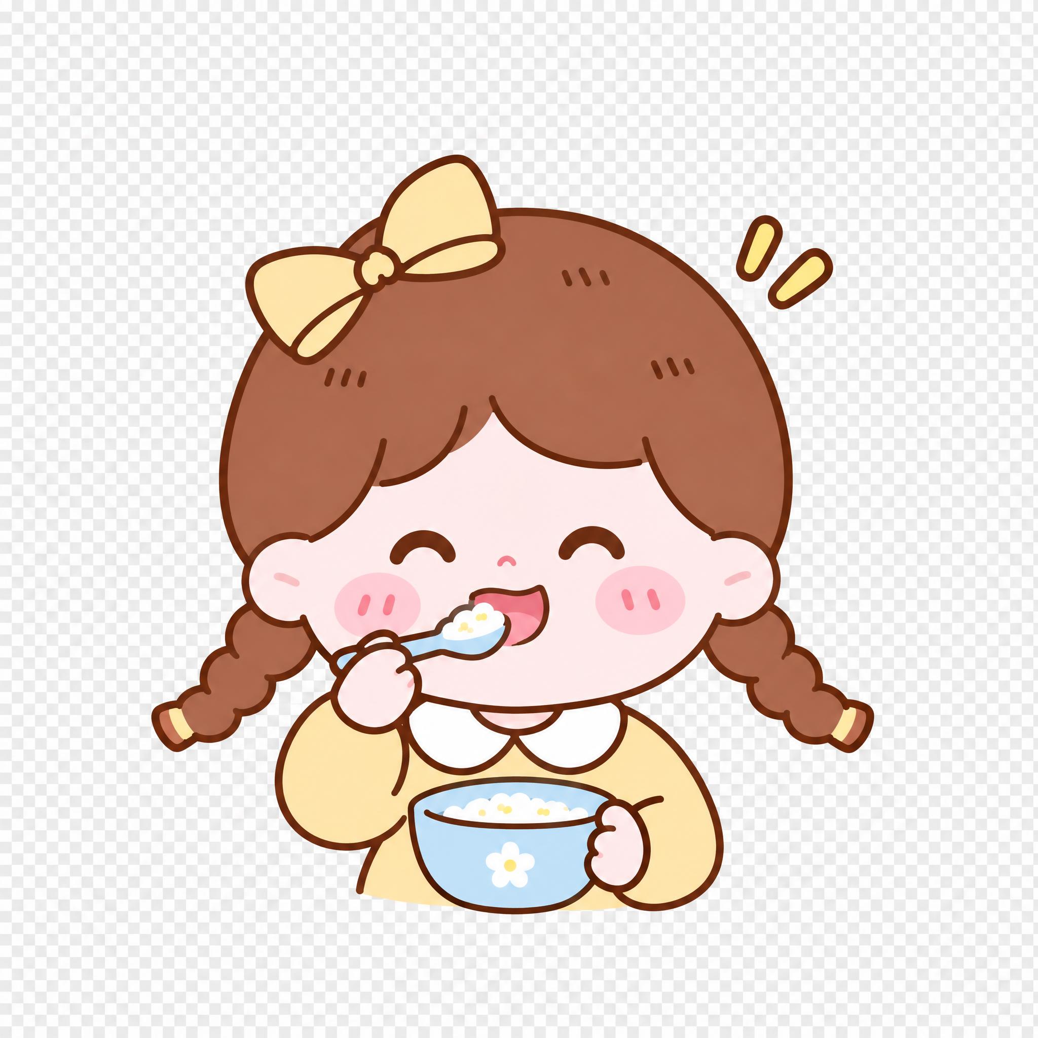 参考图中的卡通小女孩形象：棕色双麻花辫、头顶黄色蝴蝶结、圆圆的… - 图片创意预览