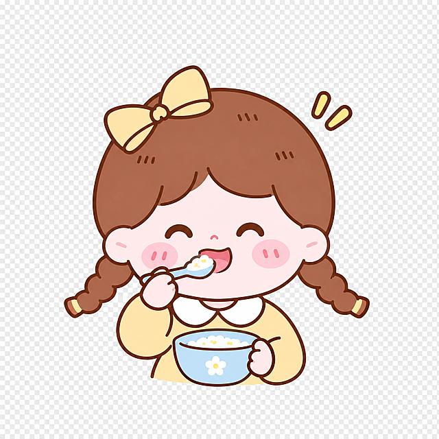 参考图中的卡通小女孩形象：棕色双麻花辫、头顶黄色蝴蝶结、圆圆的脸蛋带粉色腮红、浅黄上衣配白色娃娃领，保持完全一致的形象特征和可爱Q版简笔画风格，棕色描边，马卡龙柔和配色。动作：用勺子吃饭，手里拿着勺子往嘴里送，另一只手端着蓝色小花碗，表情开心满足。半身构图，只保留腰部以上，不要腿部，透明背景，无背景，PNG格式，画面干净简洁