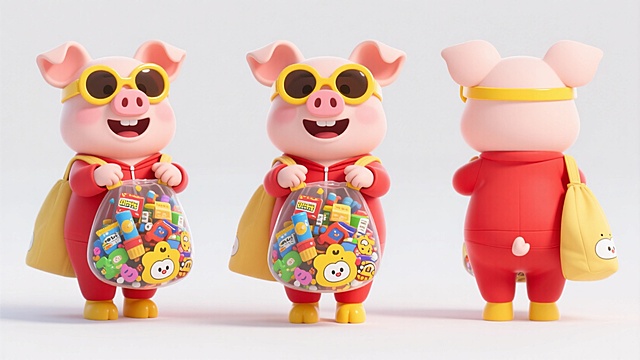 3D卡通风格，拟人化小猪戴墨镜，手提糖果袋，充满可爱与欢乐氛围。