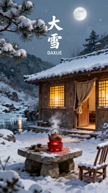 大雪节气半山木质独栋屋，屋顶院落积柔软积雪，院中有石桌置酒具，满山银白积雪覆盖松枝松针带雪，灰蓝色夜空初入夜有疏星，冷白月光，屋内暖黄灯光从木窗格透出，陶制酒壶外壁有炭火烤暖痕，石桌上红泥小火炉炭火呈预览效果