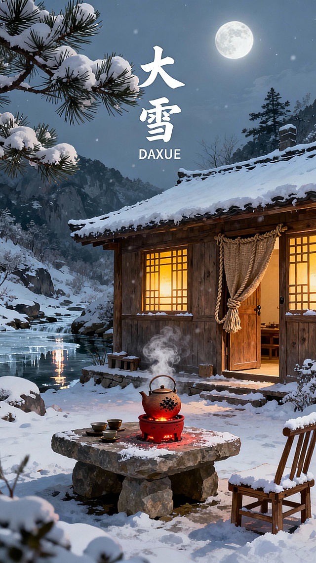 中式感与古典风交融，雪夜小屋暖灯映月，茶烟袅袅，3D重拟物手法呈现虚实相生的静谧意境，光影与实景交织，水墨与油画质感并存，尽显大雪节气的温馨与诗意。