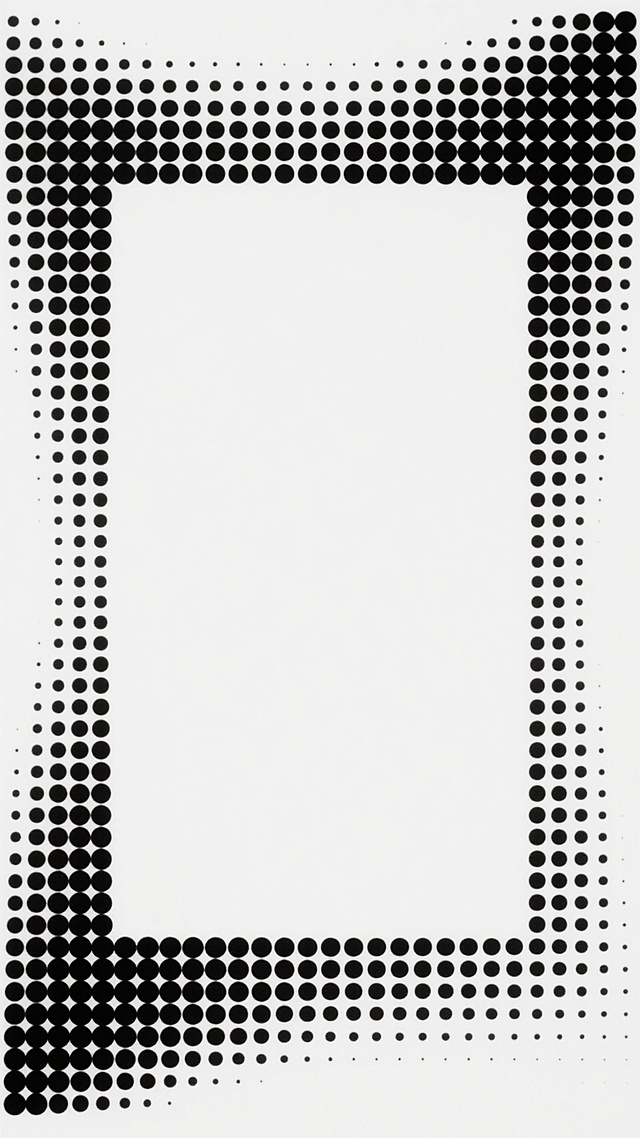 极简主义几何图案，全白色背景，边缘由密集排列的黑色圆点组成边框，圆点从边缘向中心逐渐变小并稀疏，形成渐变的视觉效果，中心区域为纯白色空白，整体呈现出对称、平衡的网格布局，具有强烈的现代设计感和视觉层次感。