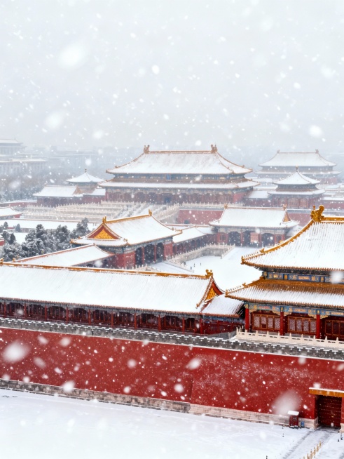 生成故宫下雪了的10张小红书配图和1张封面图，结合文案：落雪紫禁城｜北京初雪已至，故宫又美成了千年前的模样
文案
北京终于下雪啦❄️当雪花落在故宫的檐角、红墙、汉白玉台基上，朱红与雪白撞出的，是独属于预览效果