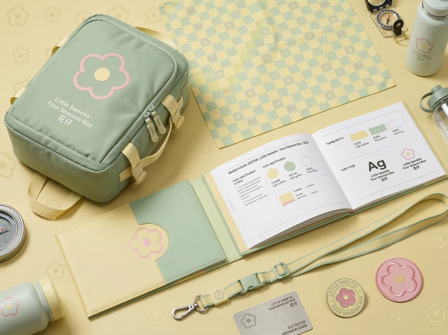 基于提供的粉色线条五瓣花logo，生成户外运动品牌花仔Little Sweetie · Four Seasons Box的视觉应用合稿，包含包装袋、头巾、品牌手册、金属卡、挂绳、徽章等品牌物料，主色调预览效果