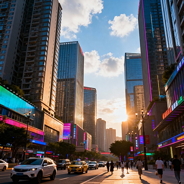 在一个现代城市界面中，高新南岸正在呈现“兑现”的动态景象，城市背景充满繁忙的建筑和霓虹灯，高楼大厦林立，展现出繁荣的都市氛围，天空中有几朵白云，阳光洒在街道上，营造出温暖而明亮的氛围，街道上车辆川流不息，行人悠闲地散步，仿佛整个城市正在经历一个积极向上的时刻，但是不要出现兑现两个字