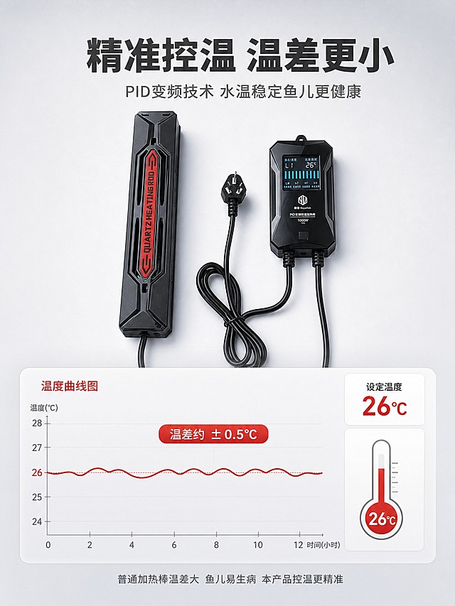 [商品] 使用御鱼鱼缸加热棒产品图（加热棒主体+外置温控器）；保留产品外观、颜色、结构。
[画面] 第5张 核心功能实测-精准控温，目标用可视化数据证明控温精准。采用单功能测试型版式：画面上半部分展示产品套装，下半部分展示一条温度曲线图（横轴时间 纵轴温度），曲线在设定温度26℃附近小幅波动，标注"温差±0.5℃"。曲线用红色线条绘制。旁边有一个放大的温度计图标显示26℃。背景为浅灰渐变，整体简洁专业。
[视觉] 套系策略：风格=国内电商专业品质感 留白舒适；标题字=思源黑体粗体；正文字=思源黑体常规；主色=深灰黑；背景延展=浅灰渐变 干净简洁；强调色=正红色 用于曲线 数据高亮 温度计；标题色=深炭灰；正文色=中灰色；组件=红色温度曲线 圆角数据卡 细线坐标；光影=产品均匀柔光 数据图清晰锐利。
[文字] 顶部主标题"精准控温 温差更小"，副标题"PID变频技术 水温稳定鱼儿更健康"。曲线图旁标注"设定温度 26℃"、"温差约 ±0.5℃"。底部小字说明"普通加热棒温差大 鱼儿易生病 本产品控温更精准"。文字全部横排。
[规格] 图片比例3:4竖版，4K，避免深蓝色、数据虚构过度、曲线不清晰、产品变形、错字、水印。