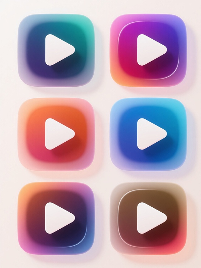 六个不同配色、不同样式、不同材质的视频播放键造型，采用浅色背景，上下两行对齐排列。每个播放键均为圆角方形设计，带有半透明渐变效果和立体感，中心为白色三角形播放图标，整体呈现出简洁现代的UI图标风格，色彩明快，光影柔和，具有清晰的视觉层次和信息传达效率，符合数字产品界面图标的设计感。