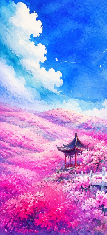色彩饱和度极高、充满浪漫主义色彩的水彩风格插画，梦幻春日景象，构图分为天空和大地两部分，层次分明，比例6:13。艺术风格：水彩画与数字插画结合，笔触有水渍晕染效果和颗粒质感，整体覆盖细密水彩纸纹理。色预览效果