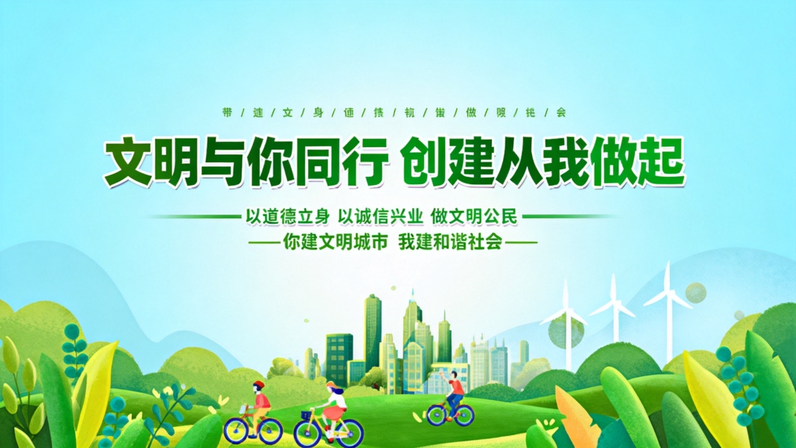 参考上传的绿色扁平风插画设计，制作创文主题公益海报，主题文字，绿色清新配色，城市绿地自行车骑行场景，风力发电机，扁平化插画风格，横版排版，和参考图风格一致预览效果