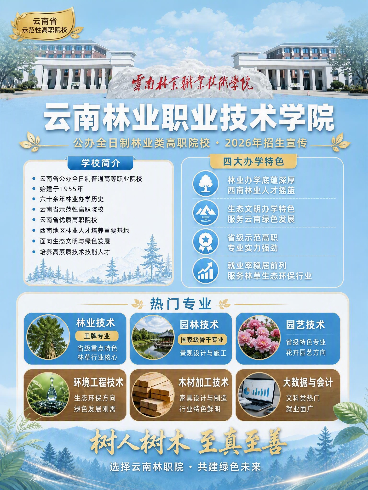 将这张林业学校招生宣传海报的整体背景色由深绿色改为清新淡蓝色（… - 图片创意预览