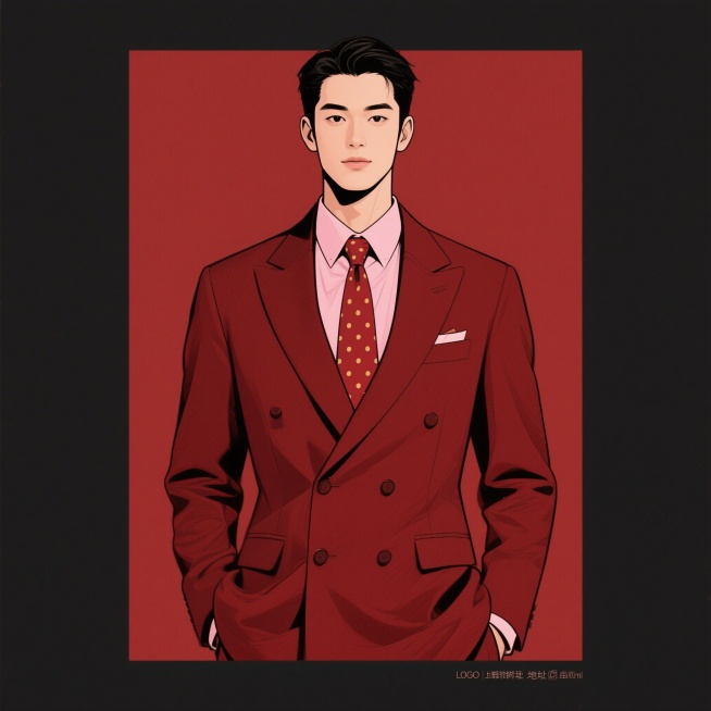 插画风格男士正装上半身展示图，背景为纯酒红色，画面整体色彩与背景和谐搭配，展示双排扣平驳领酒红色西装、浅粉色衬衫、酒红底金色波点领带，元素规整排布，边缘清晰，细节精致，无任何文字、LOGO、电话地址及预览效果